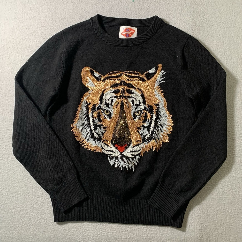 Sparkle City Black Crewneck Tiger Embroidered Sequin Sweater Women S Tiger